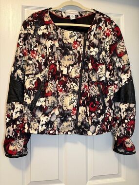 Modamix Red Black Cream Abstract Floral-Print Moto Jacket